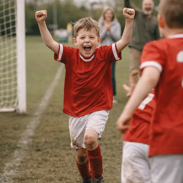 Een jongen in voetbaltenue juicht na een doelpunt