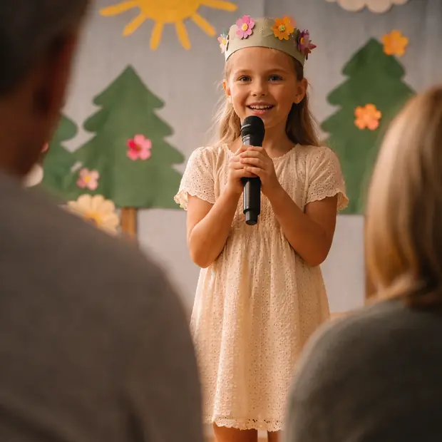 Een meisje zingt met een micro op het schoolfeest
